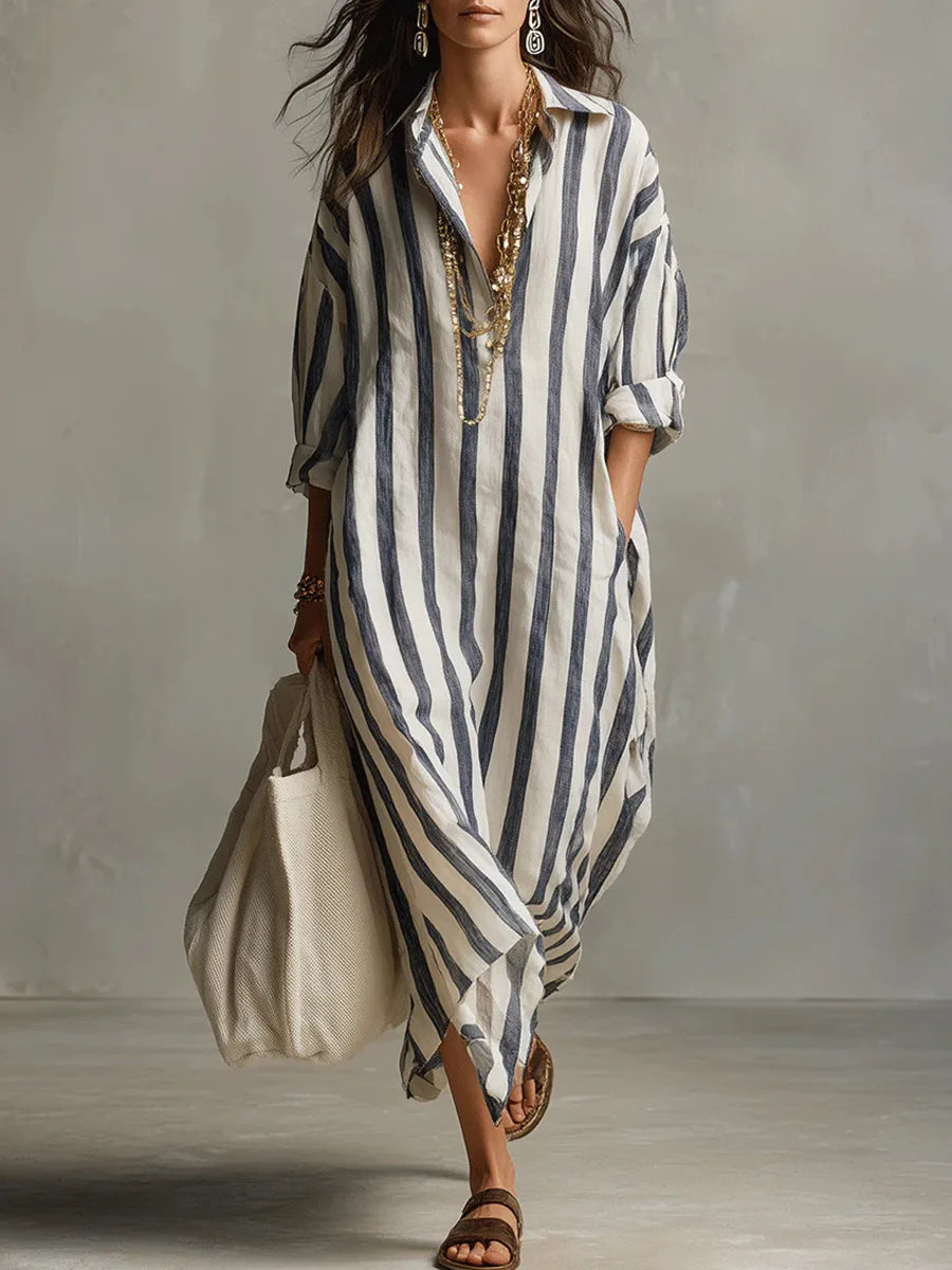 Odette | Women's Striped Linen Maxi Shirt Dress