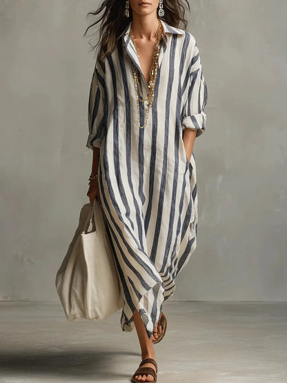 Odette | Women's Striped Linen Maxi Shirt Dress