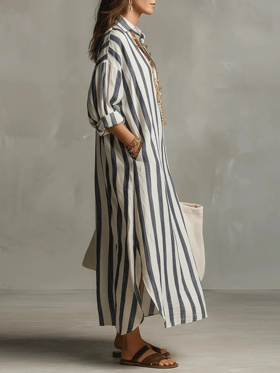 Odette | Women's Striped Linen Maxi Shirt Dress