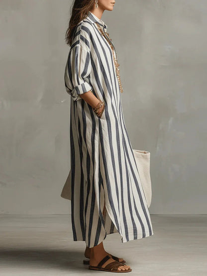 Odette | Women's Striped Linen Maxi Shirt Dress