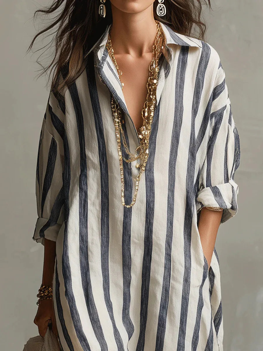 Odette | Women's Striped Linen Maxi Shirt Dress