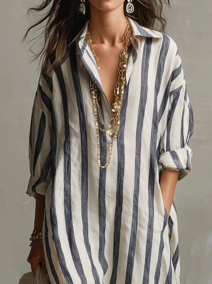 Odette | Women's Striped Linen Maxi Shirt Dress