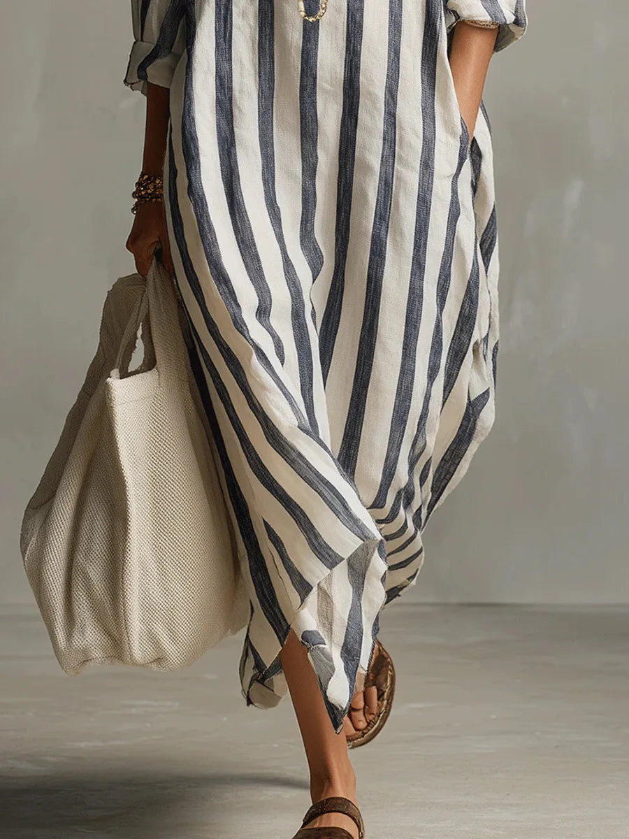 Odette | Women's Striped Linen Maxi Shirt Dress
