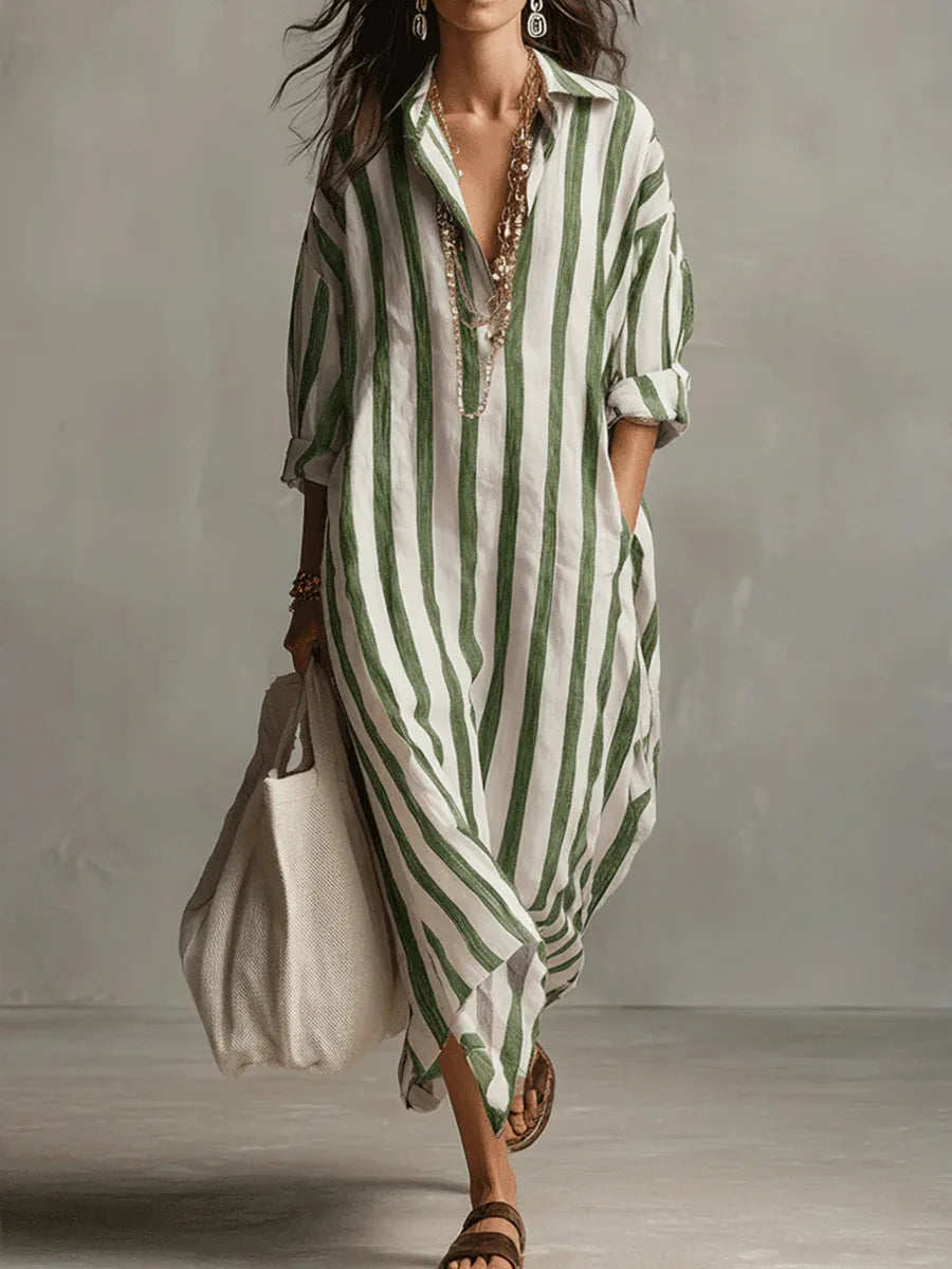 Odette | Women's Striped Linen Maxi Shirt Dress