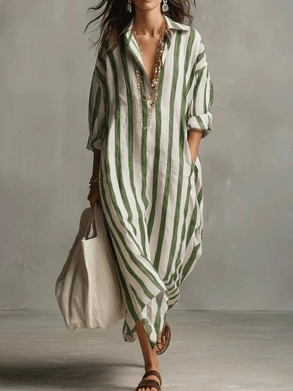 Odette | Women's Striped Linen Maxi Shirt Dress