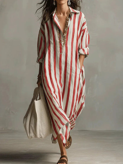 Odette | Women's Striped Linen Maxi Shirt Dress