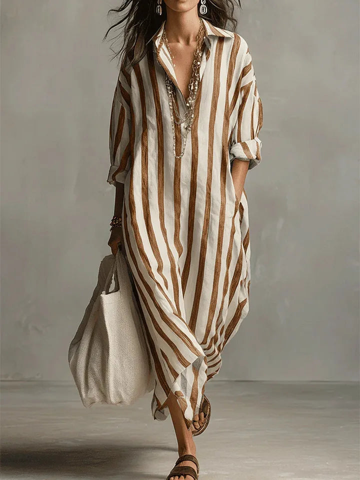 Odette | Women's Striped Linen Maxi Shirt Dress